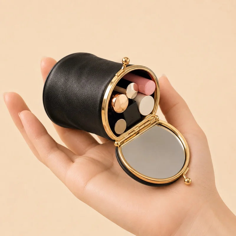 Foldable Leather Lipstick Pouch with Mirror – Compact Barrel Makeup Case | Mini Coin Purse for Daily Essentials | Gift for Her