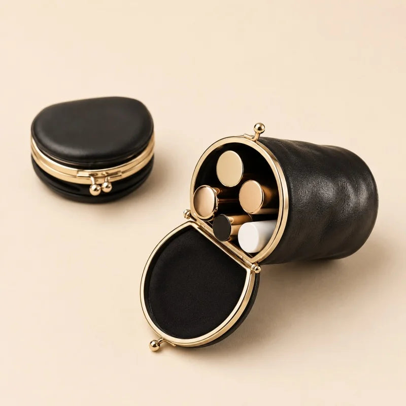 Foldable Leather Lipstick Pouch with Mirror – Compact Barrel Makeup Case | Mini Coin Purse for Daily Essentials | Gift for Her