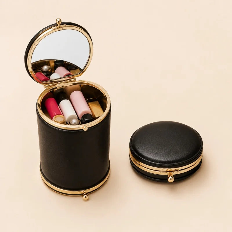 Foldable Leather Lipstick Pouch with Mirror – Compact Barrel Makeup Case | Mini Coin Purse for Daily Essentials | Gift for Her