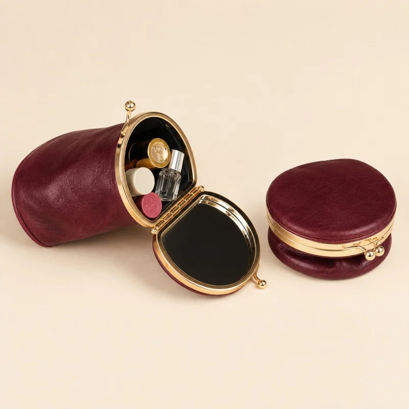 Foldable Leather Lipstick Pouch with Mirror – Compact Barrel Makeup Case | Mini Coin Purse for Daily Essentials | Gift for Her