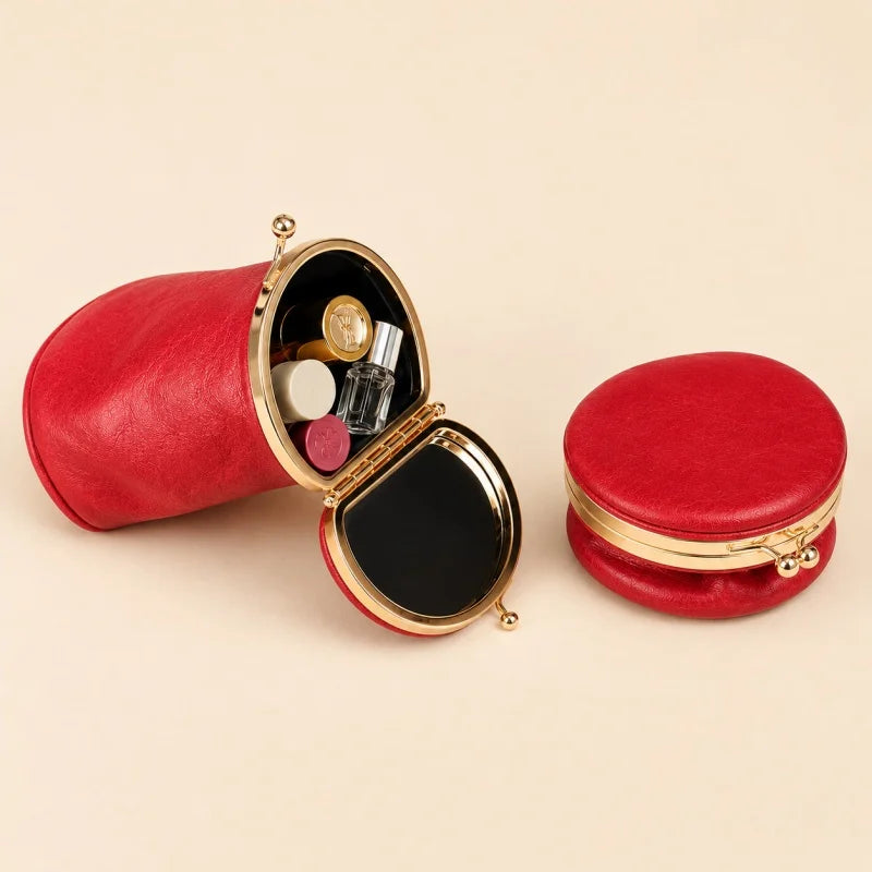 Foldable Leather Lipstick Pouch with Mirror – Compact Barrel Makeup Case | Mini Coin Purse for Daily Essentials | Gift for Her