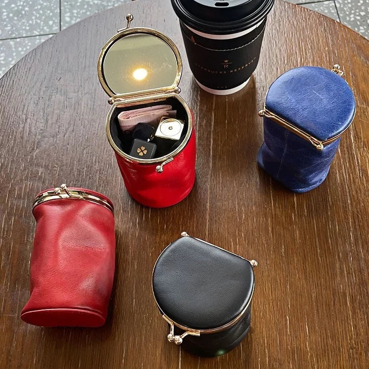 Foldable Leather Lipstick Pouch with Mirror – Compact Barrel Makeup Case | Mini Coin Purse for Daily Essentials | Gift for Her