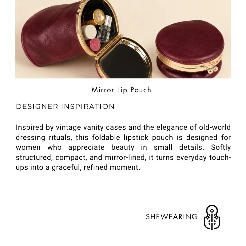 Foldable Leather Lipstick Pouch with Mirror – Compact Barrel Makeup Case | Mini Coin Purse for Daily Essentials | Gift for Her