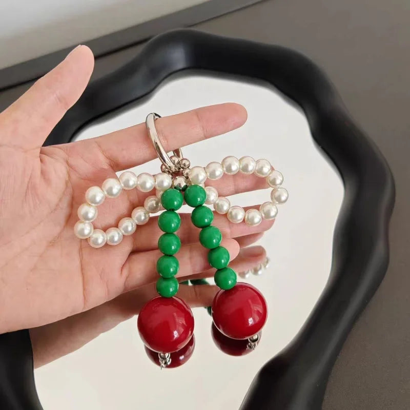Big Cherry Beaded Bag Charm – Handmade Statement Fruit Keychain with Bowknot Design | Trendy Chunky Pendant for Totes, Backpacks & Gifts