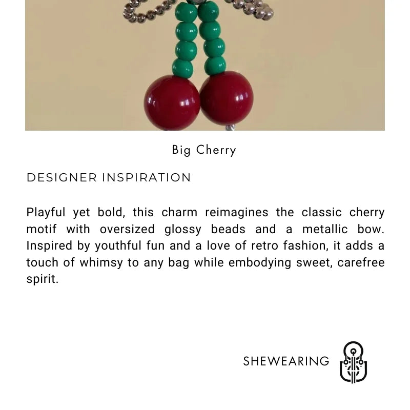 Big Cherry Beaded Bag Charm – Handmade Statement Fruit Keychain with Bowknot Design | Trendy Chunky Pendant for Totes, Backpacks & Gifts