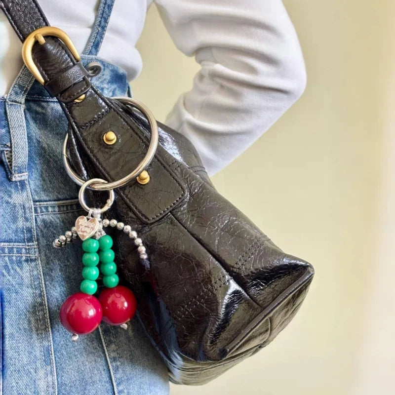 Big Cherry Beaded Bag Charm – Handmade Statement Fruit Keychain with Bowknot Design | Trendy Chunky Pendant for Totes, Backpacks & Gifts