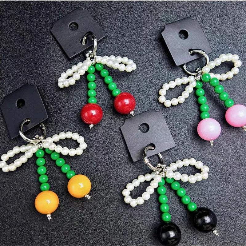 Big Cherry Beaded Bag Charm – Handmade Statement Fruit Keychain with Bowknot Design | Trendy Chunky Pendant for Totes, Backpacks & Gifts
