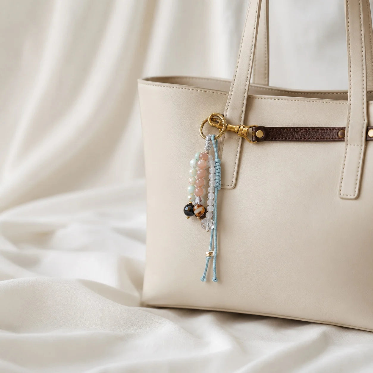 Dije de cristal para bolso con cuentas de los deseos: llavero hecho a mano con piedras preciosas de ojo de tigre, piedra solar y cuarzo | Colgante de la suerte de piedra natural para bolsos o llaves