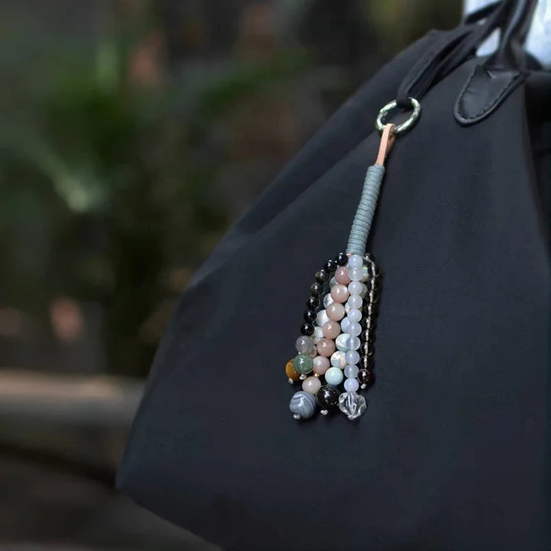 Wishing Crystal Beaded Bag Charm – Handmade Gemstone Keychain with Tiger’s Eye, Sunstone, and Quartz | Natural Stone Lucky Pendant for Bags or Keys