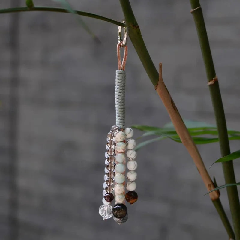 Wishing Crystal Beaded Bag Charm – Handmade Gemstone Keychain with Tiger’s Eye, Sunstone, and Quartz | Natural Stone Lucky Pendant for Bags or Keys