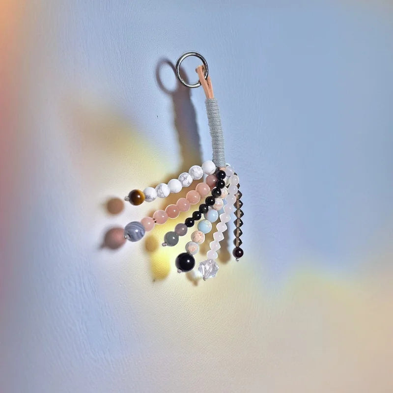 Wishing Crystal Beaded Bag Charm – Handmade Gemstone Keychain with Tiger’s Eye, Sunstone, and Quartz | Natural Stone Lucky Pendant for Bags or Keys