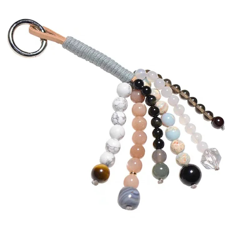 Wishing Crystal Beaded Bag Charm – Handmade Gemstone Keychain with Tiger’s Eye, Sunstone, and Quartz | Natural Stone Lucky Pendant for Bags or Keys