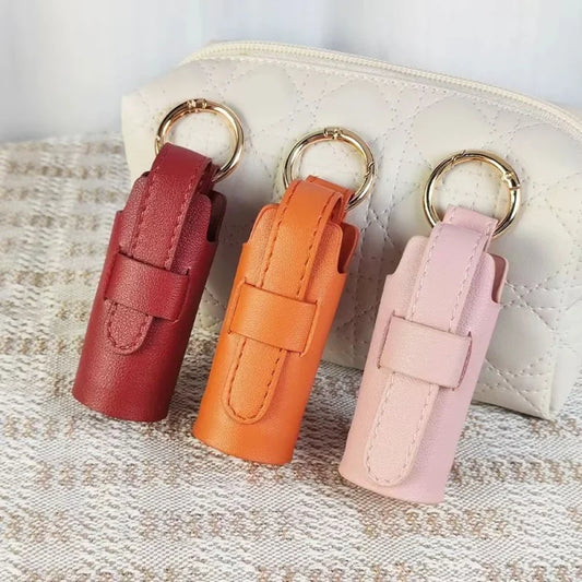 Elegant Leather Lipstick Case Bag Charm – Handmade Cylindrical Lip Balm Holder with Gold Ring | Compact Full-Grain Leather Organizer for Handbags | Stylish Gift for Women