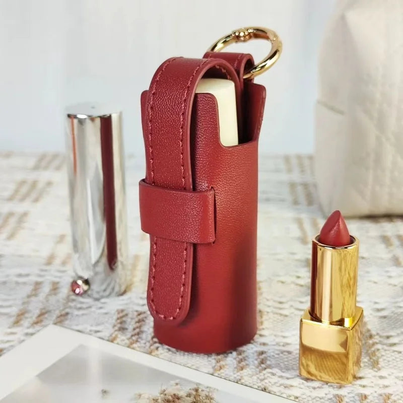 Elegant Leather Lipstick Case Bag Charm – Handmade Cylindrical Lip Balm Holder with Gold Ring | Compact Full-Grain Leather Organizer for Handbags | Stylish Gift for Women
