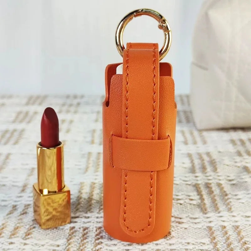 Elegant Leather Lipstick Case Bag Charm – Handmade Cylindrical Lip Balm Holder with Gold Ring | Compact Full-Grain Leather Organizer for Handbags | Stylish Gift for Women