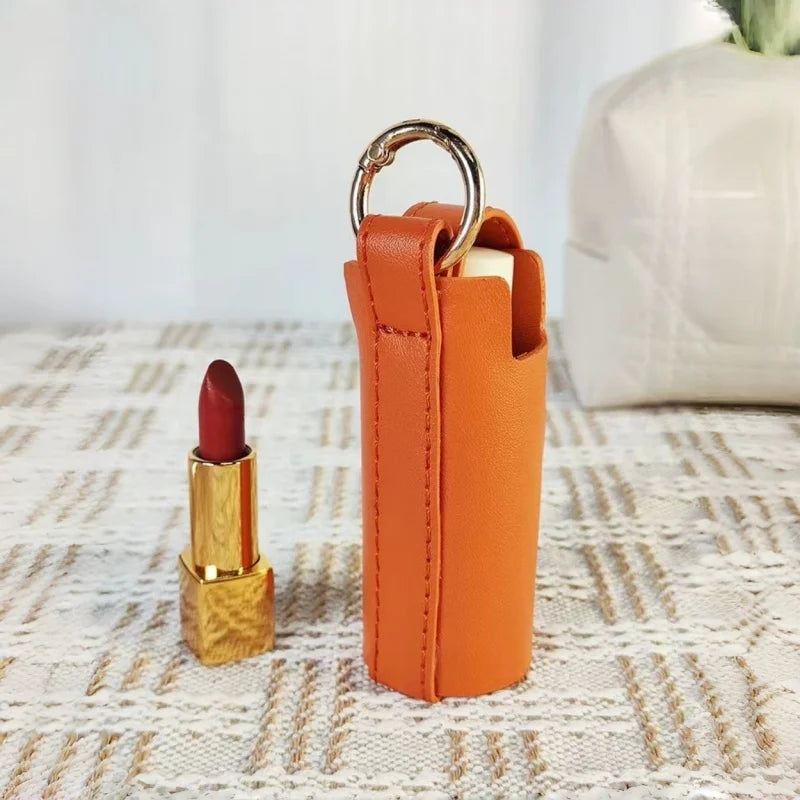 Elegant Leather Lipstick Case Bag Charm – Handmade Cylindrical Lip Balm Holder with Gold Ring | Compact Full-Grain Leather Organizer for Handbags | Stylish Gift for Women