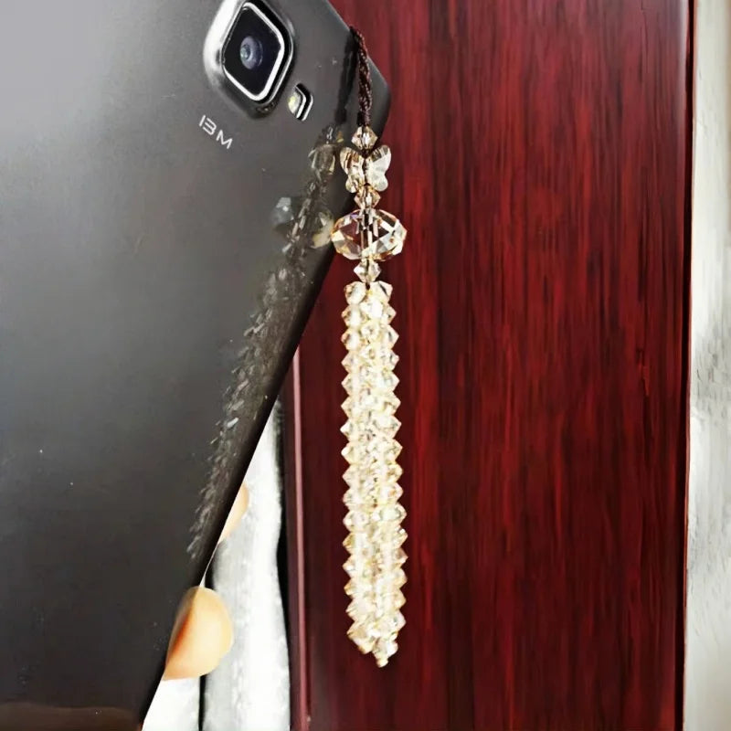 Austrian Crystal Phone Charm with Tassel Pendant – Elegant Handmade Beaded Strap | Shiny Bag Charm & Keychain Decoration for Women