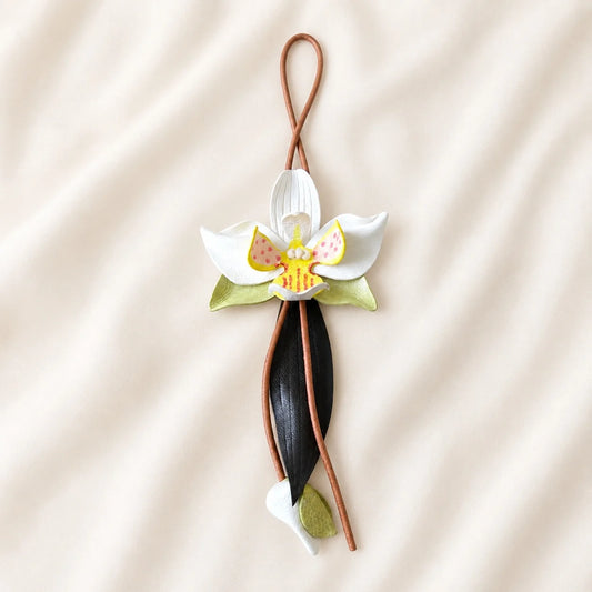 Hand-Painted White Orchid Leather Bag Charm – Elegant Handbag Accessory, Unique Gift for Her
