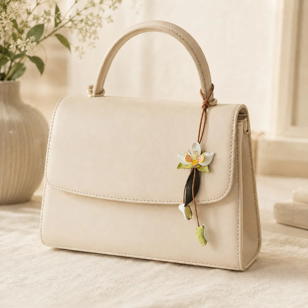 Llavero de bolso de cuero orquídea blanca pintado a mano – Elegante accesorio para bolso, regalo único para ella