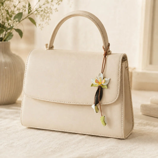 Hand-Painted White Orchid Leather Bag Charm – Elegant Handbag Accessory, Unique Gift for Her