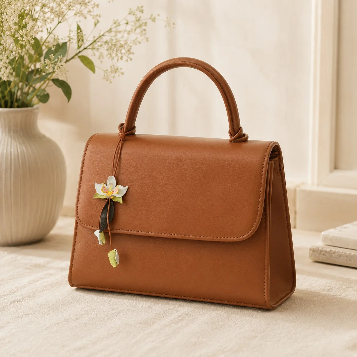 Llavero de bolso de cuero orquídea blanca pintado a mano – Elegante accesorio para bolso, regalo único para ella