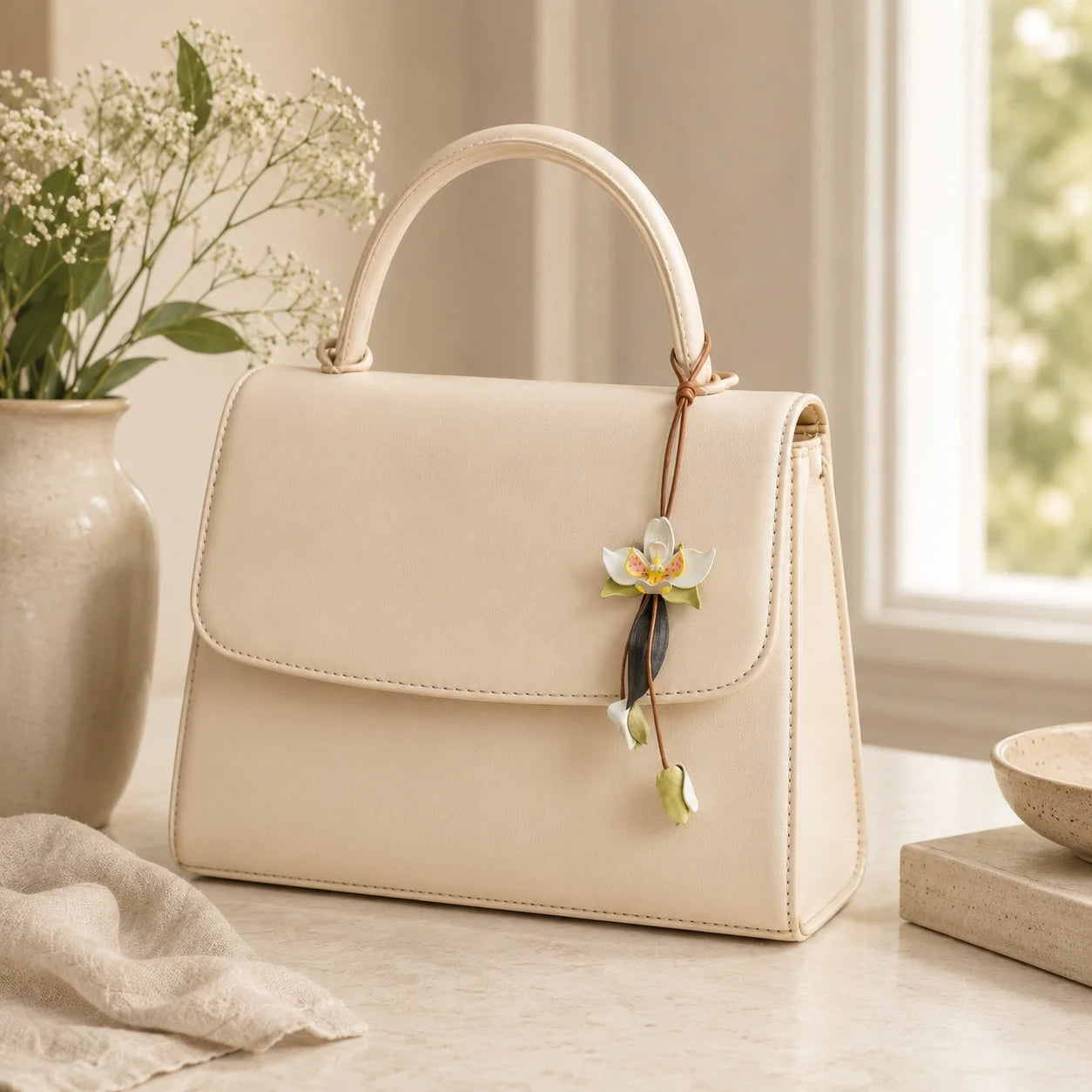 Llavero de bolso de cuero orquídea blanca pintado a mano – Elegante accesorio para bolso, regalo único para ella
