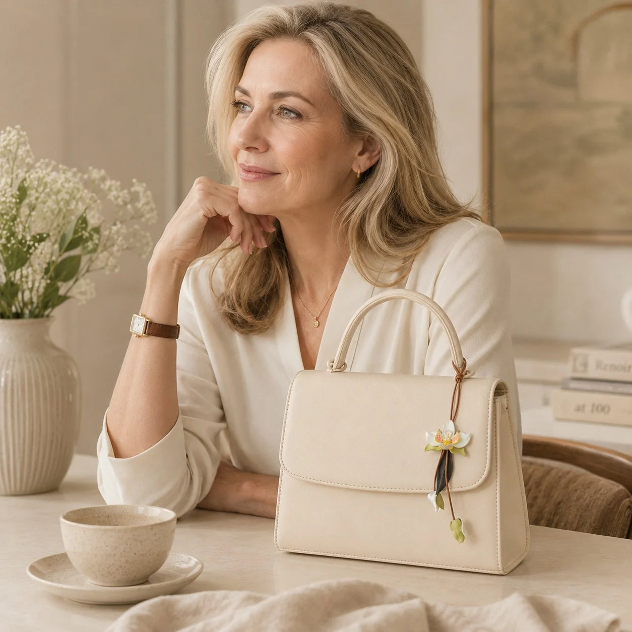 Llavero de bolso de cuero orquídea blanca pintado a mano – Elegante accesorio para bolso, regalo único para ella