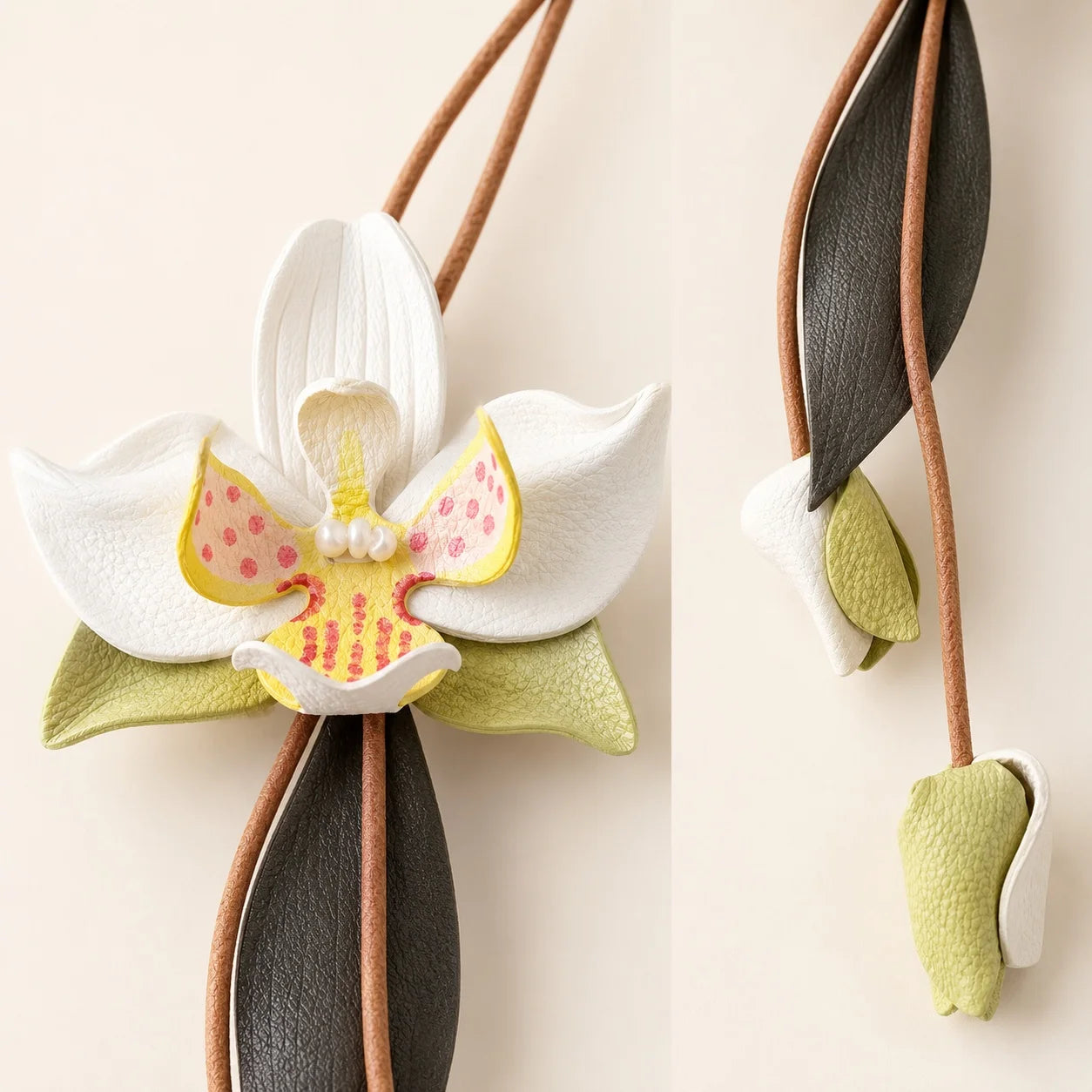 Llavero de bolso de cuero orquídea blanca pintado a mano – Elegante accesorio para bolso, regalo único para ella