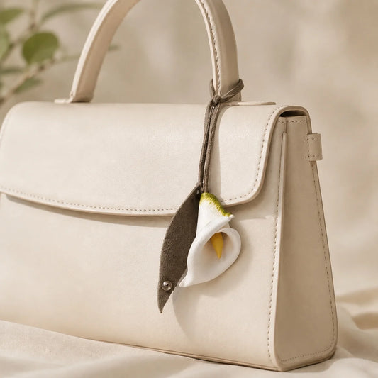 White Calla Lily Hand-Painted Leather Bag Charm Handbag Accessory Unique Gift for Her