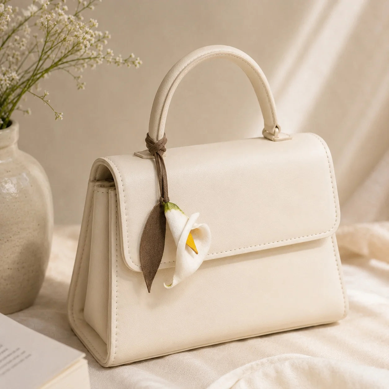 Accesorio para Bolso Charm de Cuero Pintado a Mano Lirio Cala Blanco Regalo Único para Ella