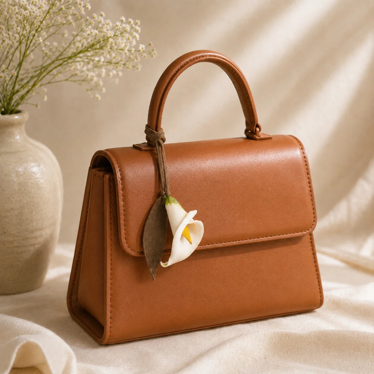 Accesorio para Bolso Charm de Cuero Pintado a Mano Lirio Cala Blanco Regalo Único para Ella