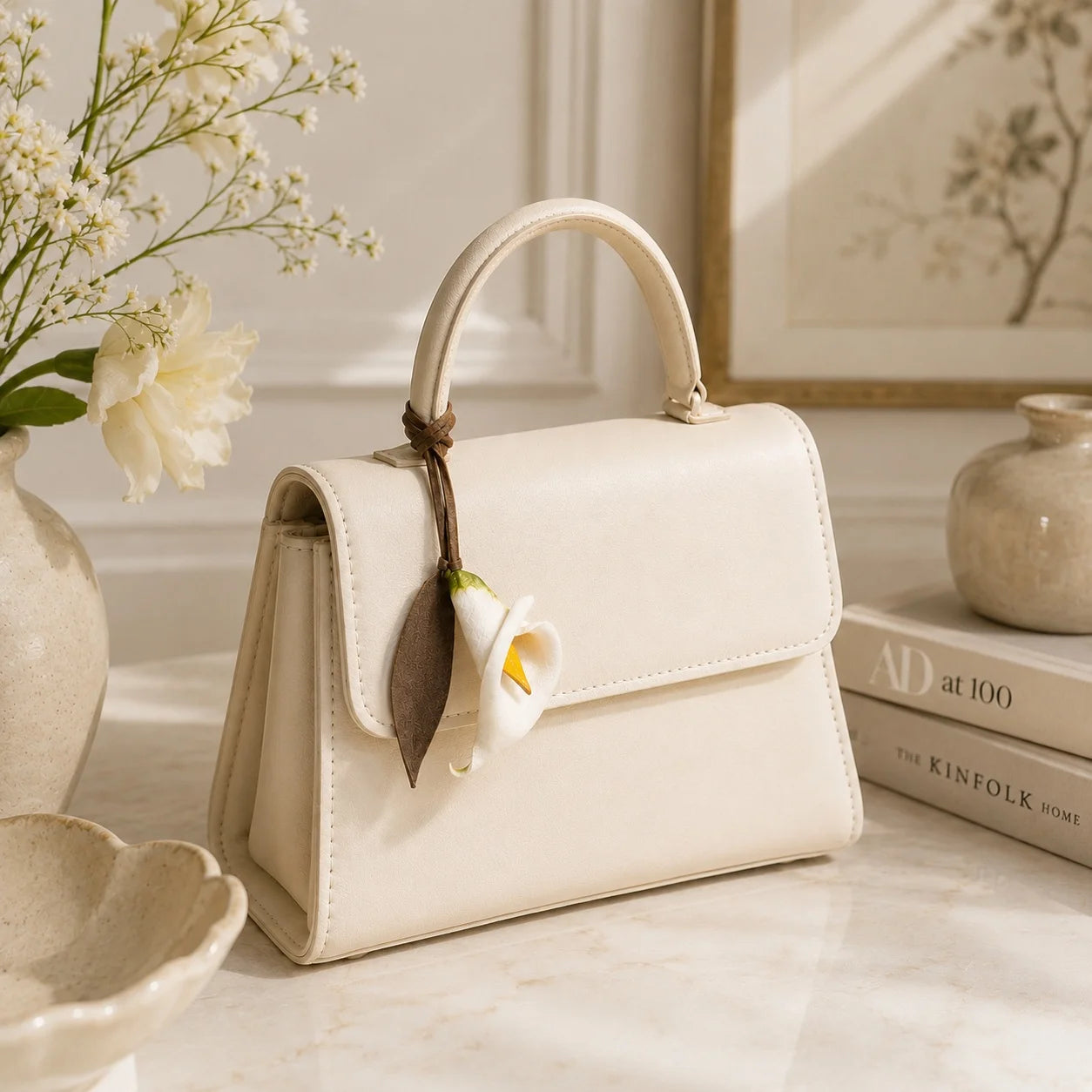 Accesorio para Bolso Charm de Cuero Pintado a Mano Lirio Cala Blanco Regalo Único para Ella