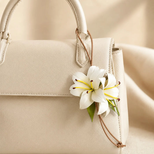 Hand-Painted White Lily Leather Bag Charm | Elegant Botanical Handbag Accessory Gift for Her