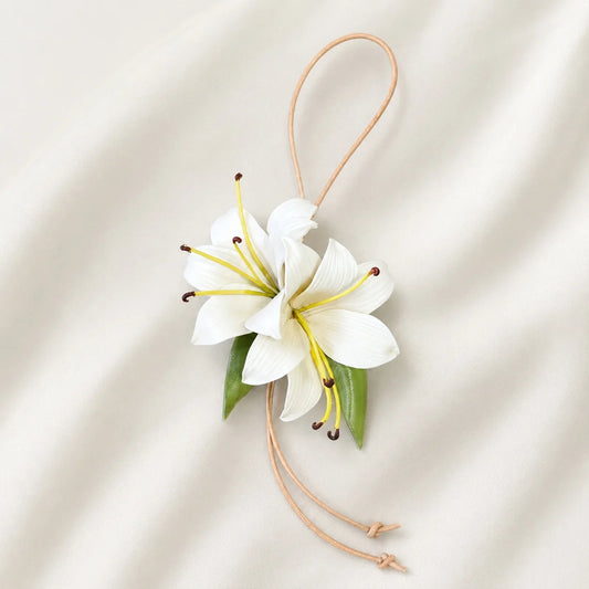 Hand-Painted White Lily Leather Bag Charm | Elegant Botanical Handbag Accessory Gift for Her
