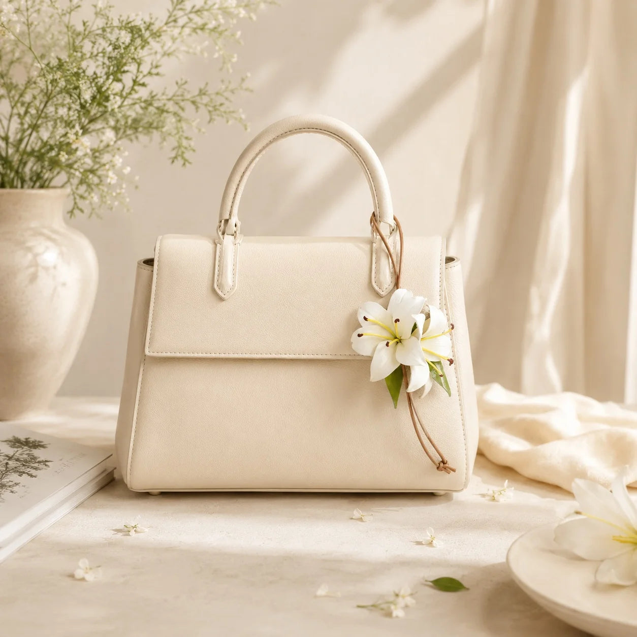 Colgante de bolso de cuero con lirio blanco pintado a mano | Elegante accesorio botánico para bolso, regalo para ella