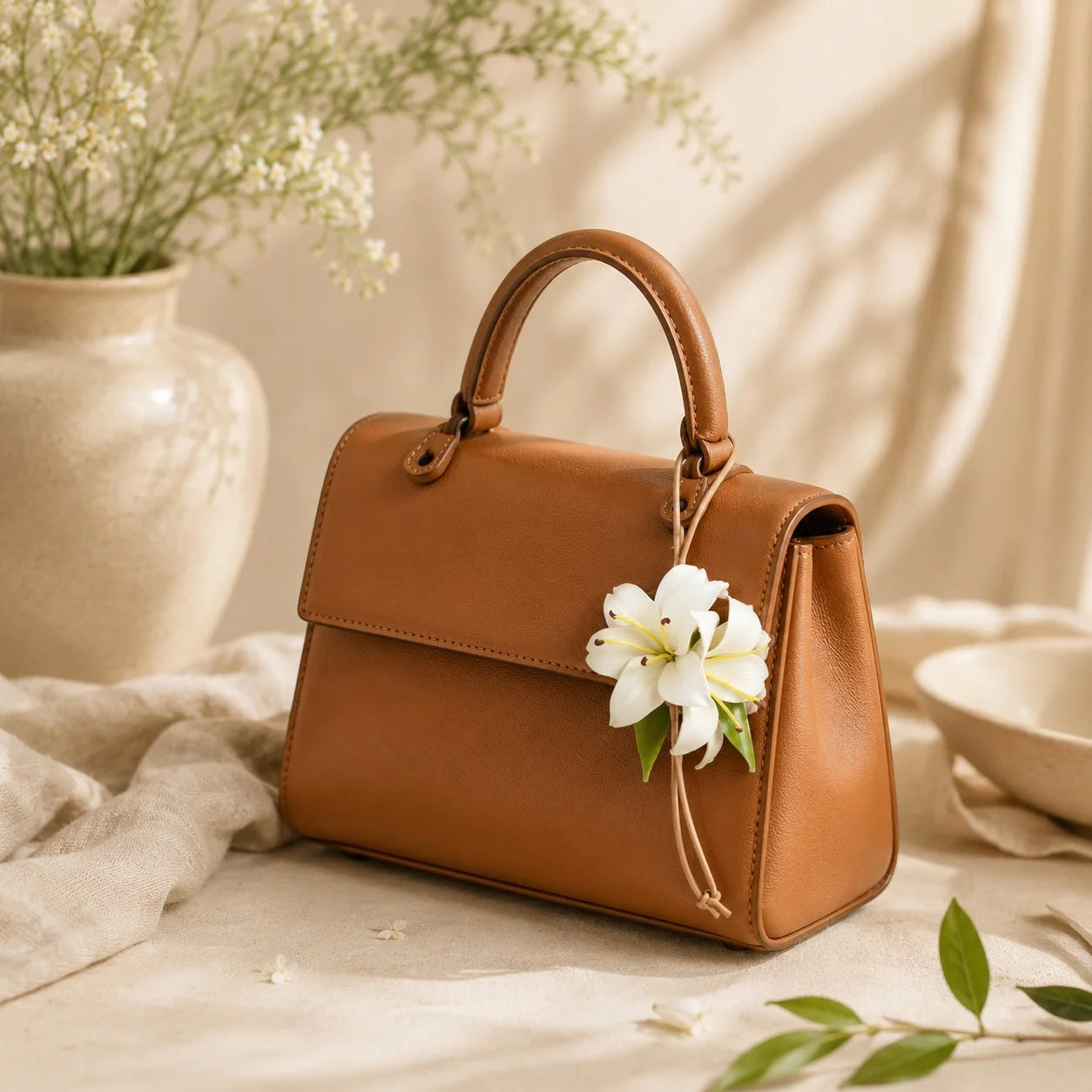 Colgante de bolso de cuero con lirio blanco pintado a mano | Elegante accesorio botánico para bolso, regalo para ella