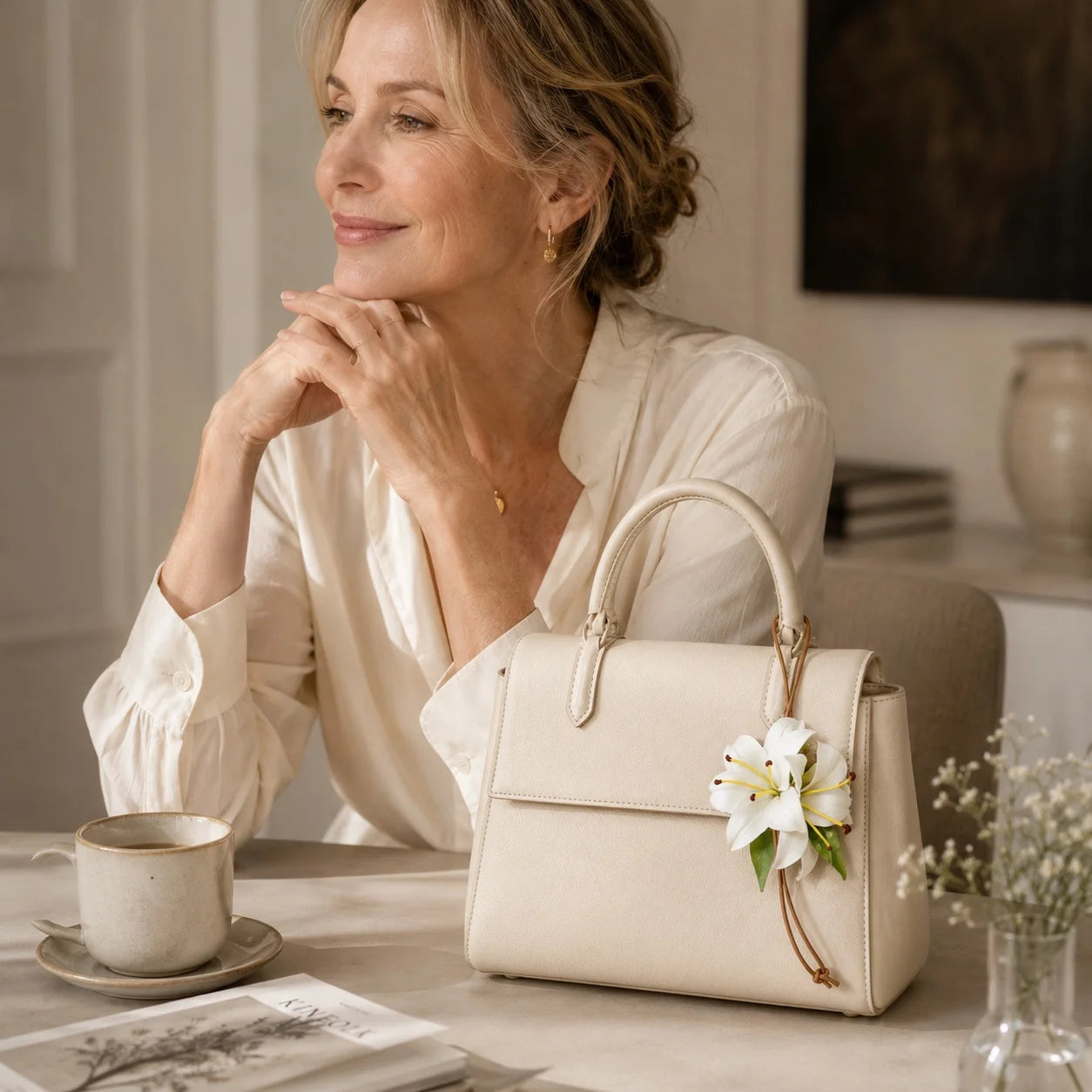 Colgante de bolso de cuero con lirio blanco pintado a mano | Elegante accesorio botánico para bolso, regalo para ella