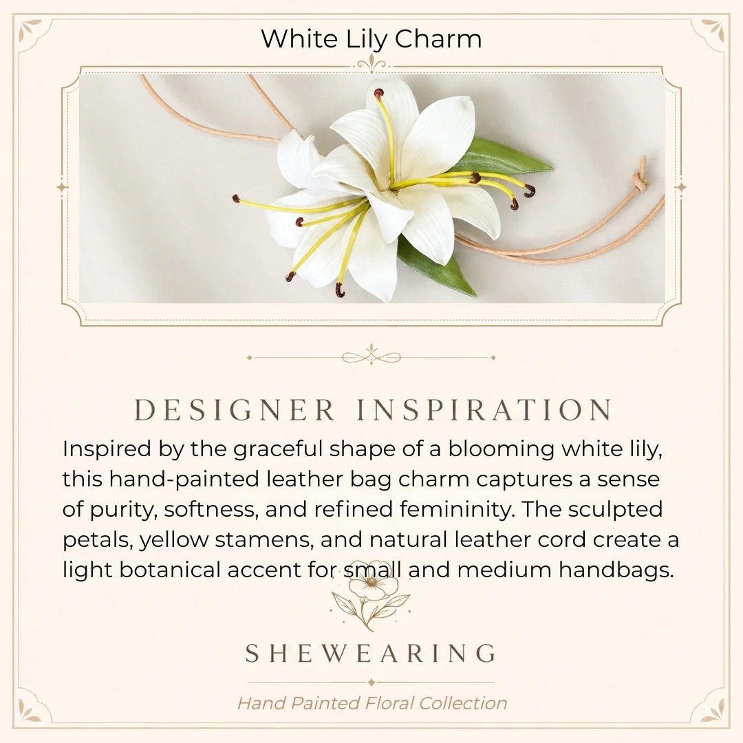 Colgante de bolso de cuero con lirio blanco pintado a mano | Elegante accesorio botánico para bolso, regalo para ella