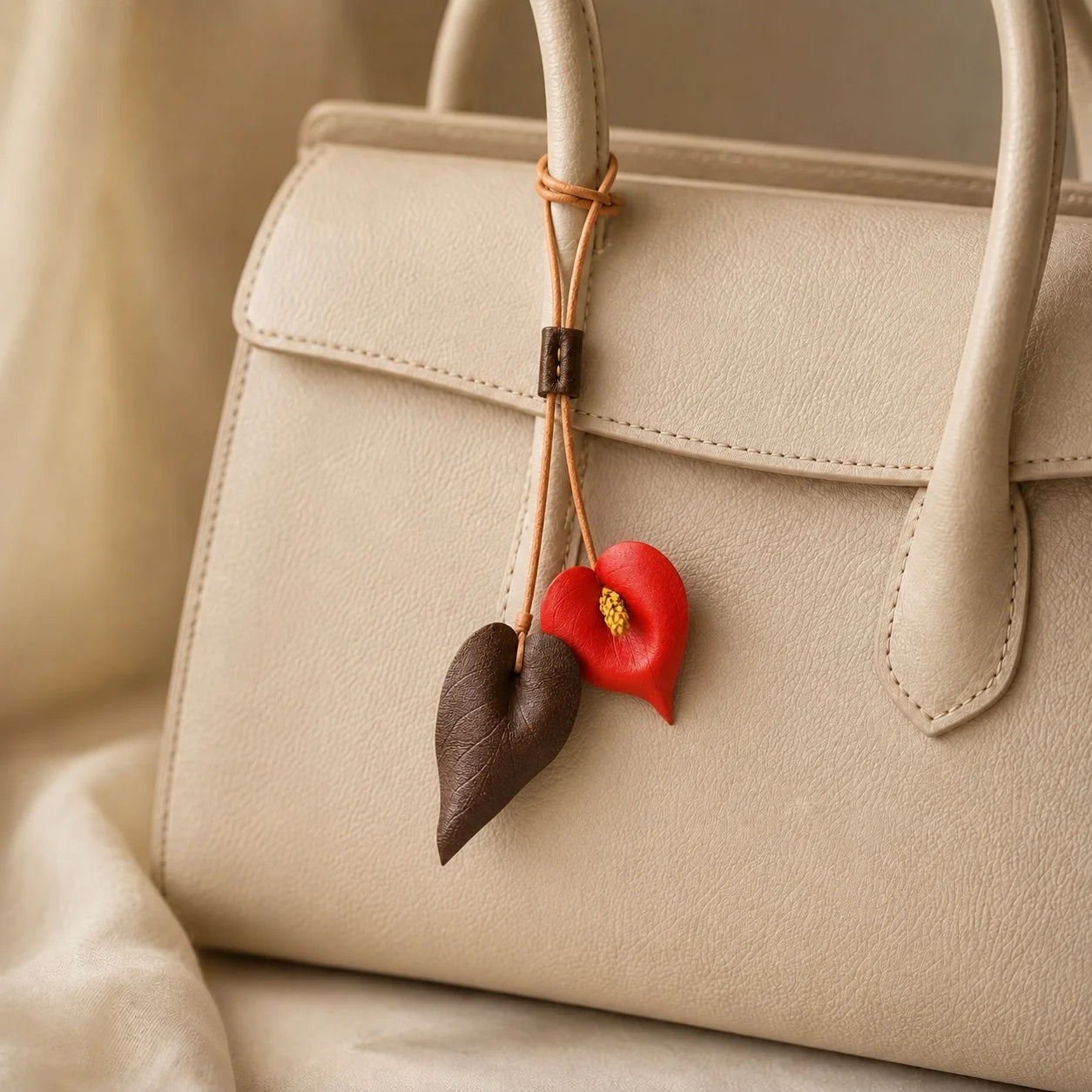 Hand-Painted Red Anthurium Leather Bag Charm | Elegant Handbag Accessory Gift for Her