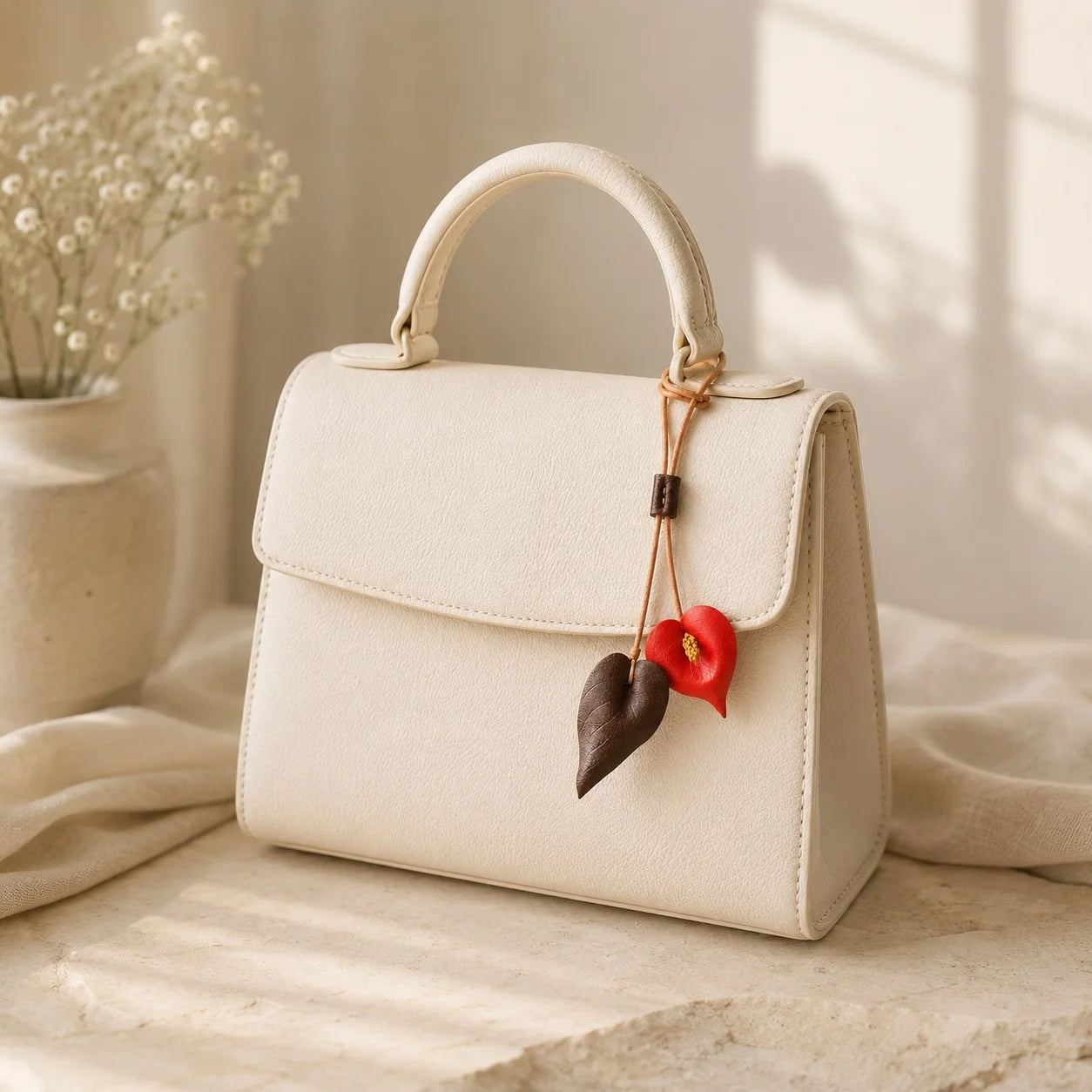 Hand-Painted Red Anthurium Leather Bag Charm | Elegant Handbag Accessory Gift for Her