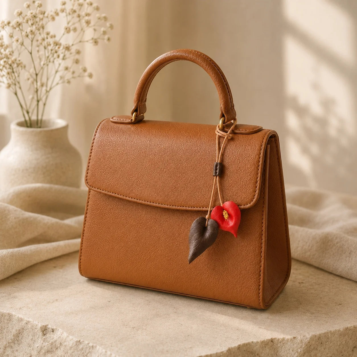 Hand-Painted Red Anthurium Leather Bag Charm | Elegant Handbag Accessory Gift for Her