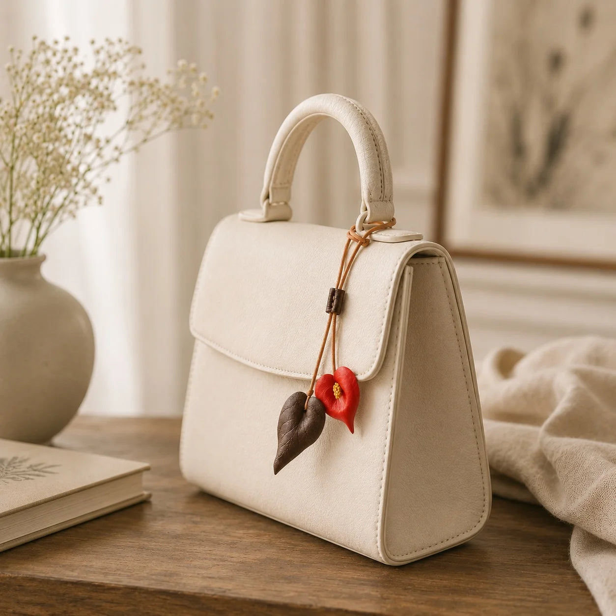 Hand-Painted Red Anthurium Leather Bag Charm | Elegant Handbag Accessory Gift for Her