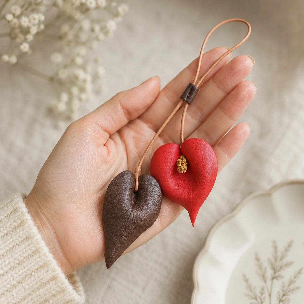 Hand-Painted Red Anthurium Leather Bag Charm | Elegant Handbag Accessory Gift for Her