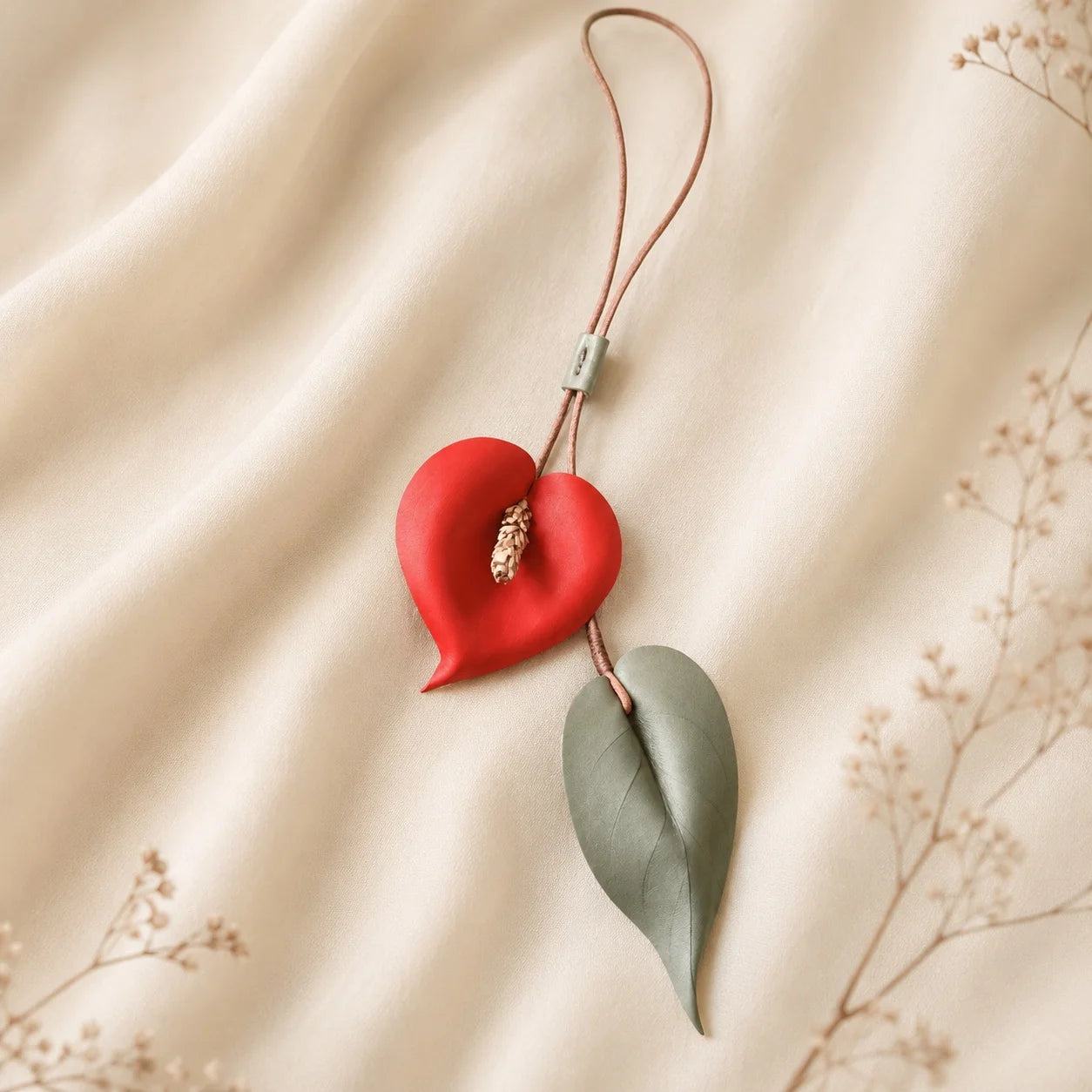 Hand-Painted Red Anthurium Leather Bag Charm | Elegant Handbag Accessory Gift for Her