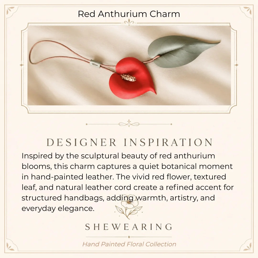 Hand-Painted Red Anthurium Leather Bag Charm | Elegant Handbag Accessory Gift for Her
