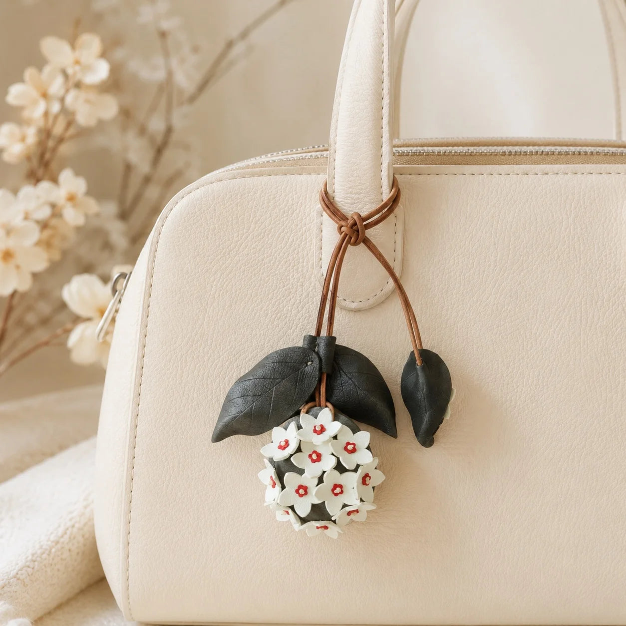 Colgante de cuero pintado a mano con forma de flor de Hoya con minibolso – Elegante accesorio floral para bolsos de mano