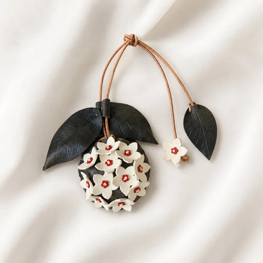 Hoya Blossom Hand-Painted Leather Bag Charm with Mini Pocket – Elegant Floral Handbag Accessory