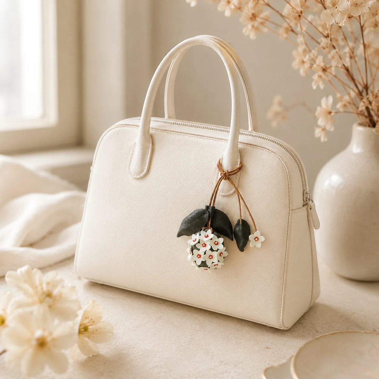 Colgante de cuero pintado a mano con forma de flor de Hoya con minibolso – Elegante accesorio floral para bolsos de mano