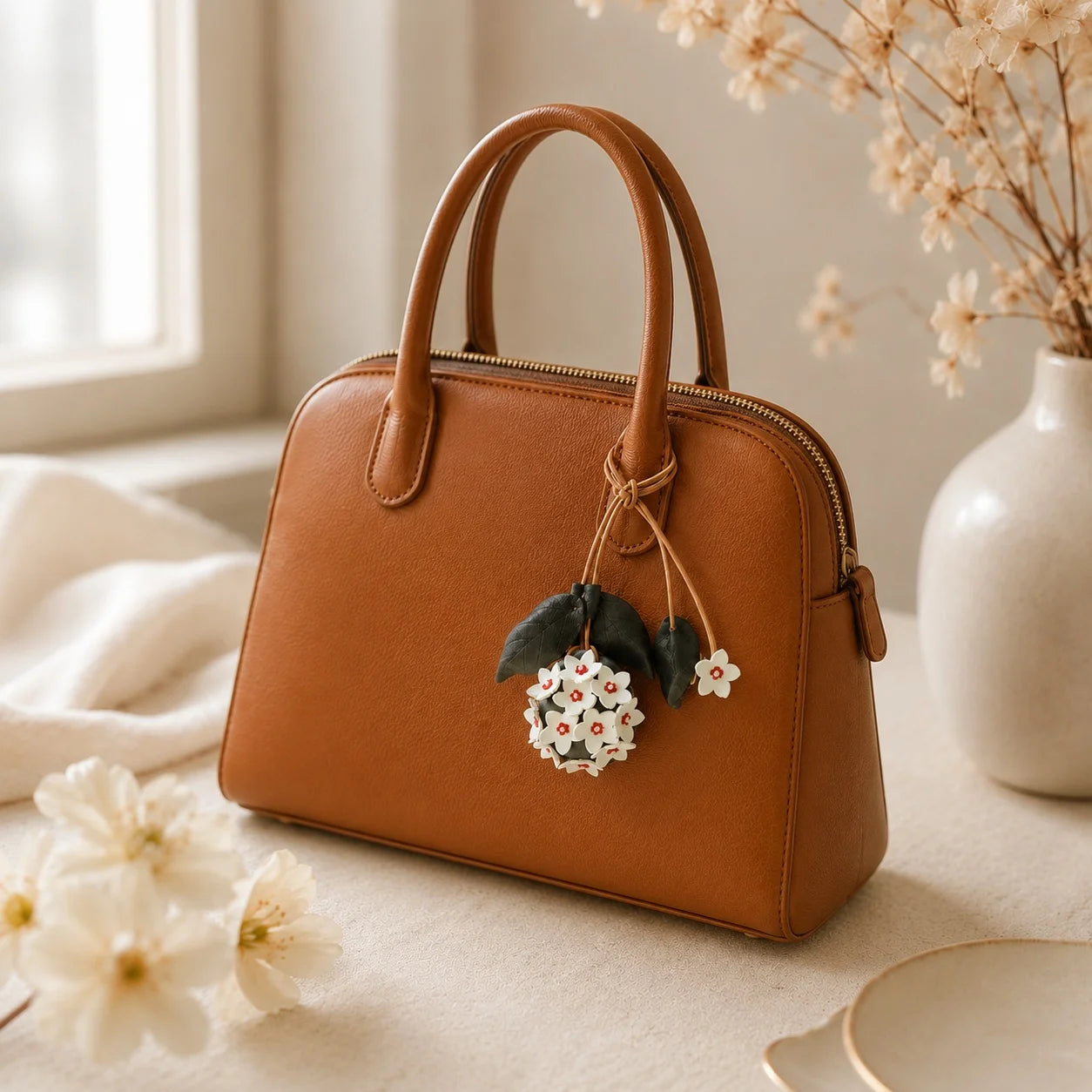 Colgante de cuero pintado a mano con forma de flor de Hoya con minibolso – Elegante accesorio floral para bolsos de mano
