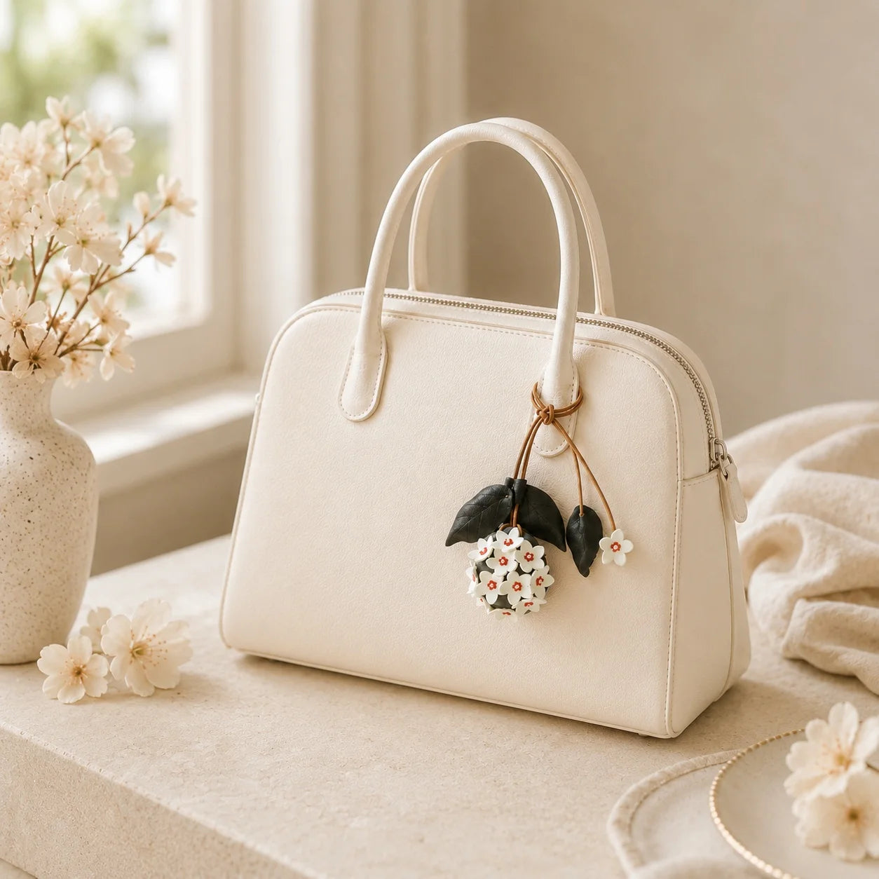 Colgante de cuero pintado a mano con forma de flor de Hoya con minibolso – Elegante accesorio floral para bolsos de mano